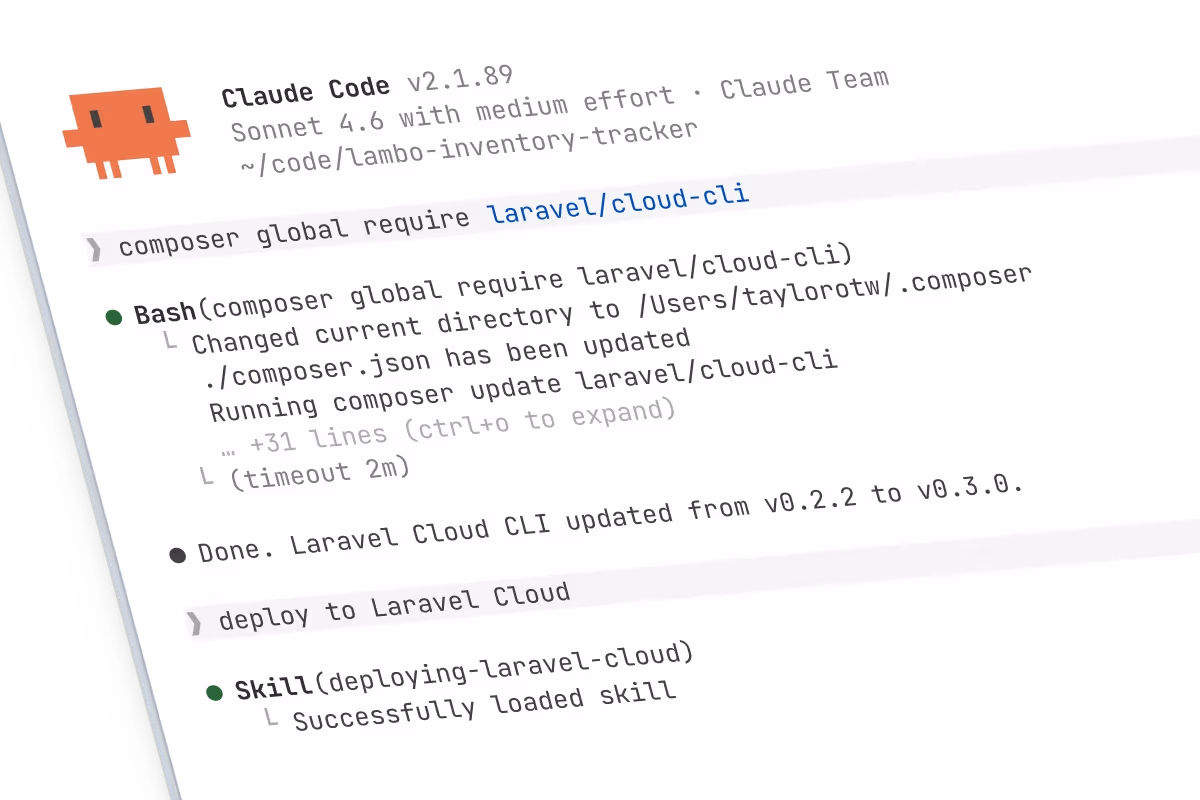 Claude Code terminal installing laravel/cloud-cli and deploying to Laravel Cloud