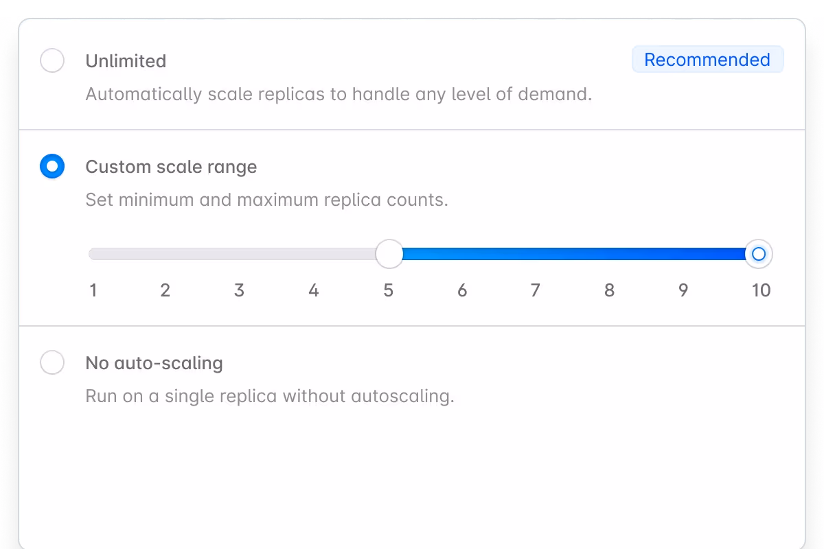 Screenshot of auto-scaling options including "Unlimited", "Custom scale range", and "No auto-scaling"