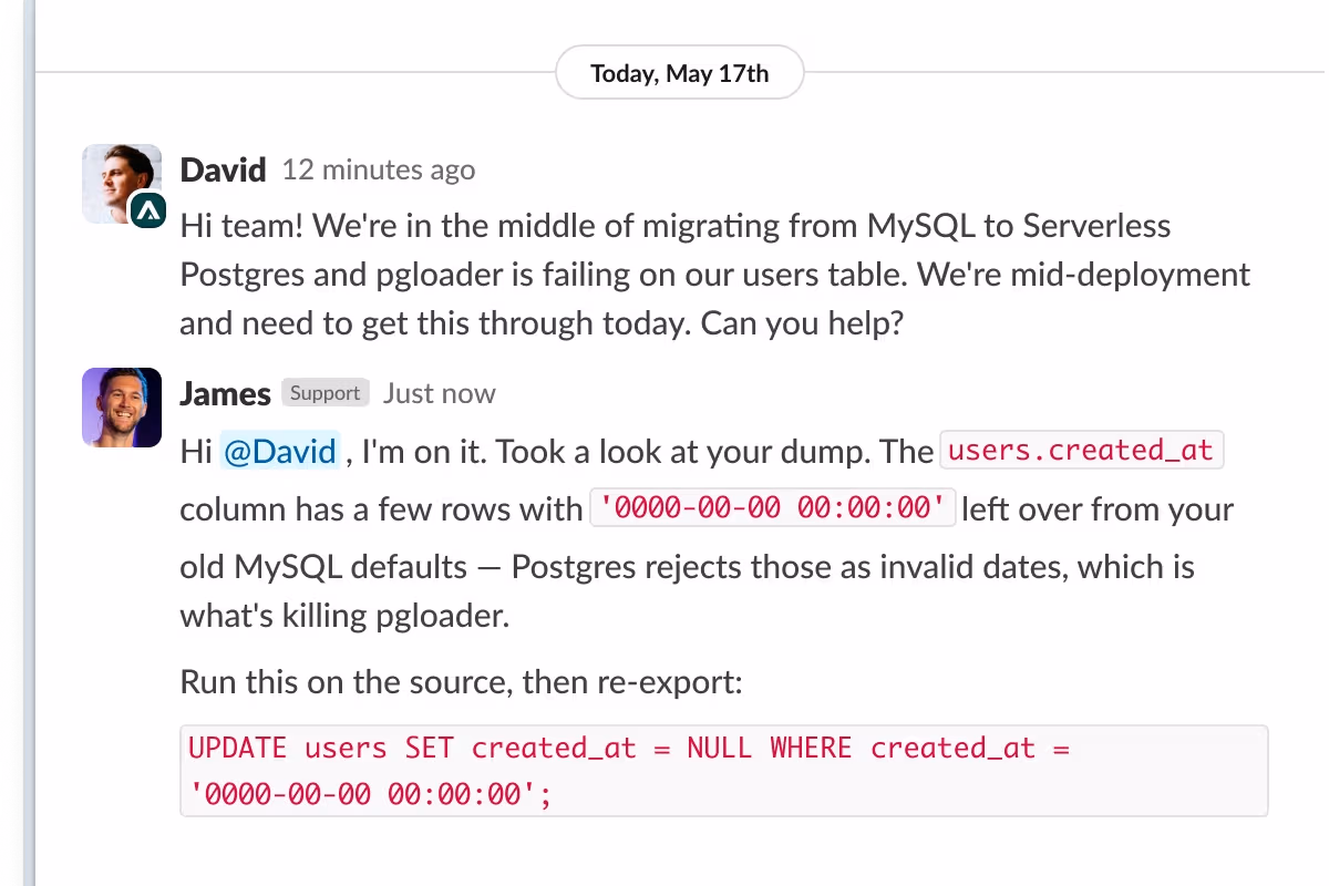 Screenshot of support assisting a customer with a migration from MySQL to Serverless Postgres