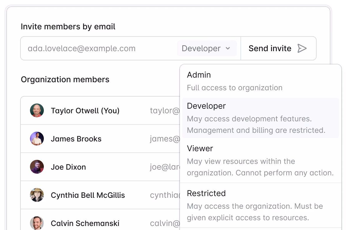 Screenshot of team member invitation form showing existing members and available roles